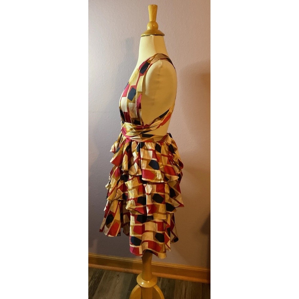 Edit By Nine Satin Geometric Tan Maroon Navy Blue Tiered Ruffle Dress Medium New - Picture 2 of 3
